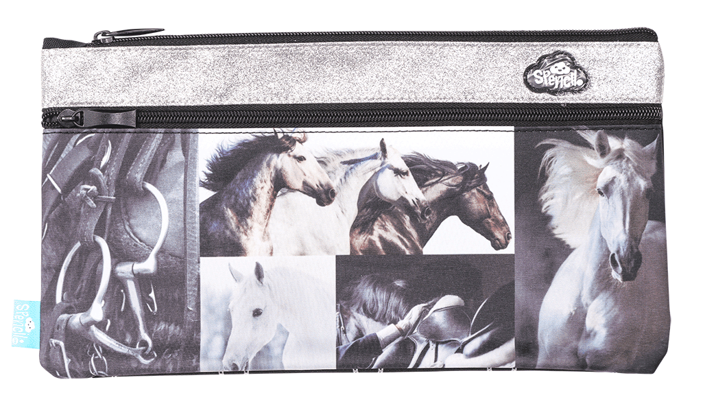 Twin Zip Pencil Case - Black & White Horses